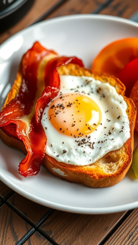 Air fryer breakfast toast with bacon and egg, garnished with pepper, on a wooden table with fruit.